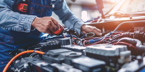 A professional in overalls using a diagnostic tool to inspect a car's electrical system, highlighting the technical aspects of vehicle maintenance