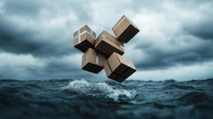 Floating cardboard boxes above turbulent water under a stormy sky, representing shipping challenges and logistics issues.