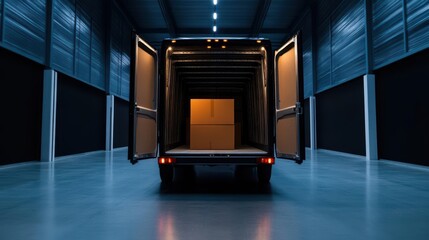 An open delivery truck in a warehouse, showcasing boxes ready for transport, vivid lighting creates a dramatic effect.