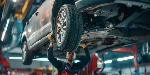 A mechanic inspecting a car's suspension system, lifting the vehicle on a hydraulic jack to check for wear and tear, illustrating the depth of a comprehensive inspection