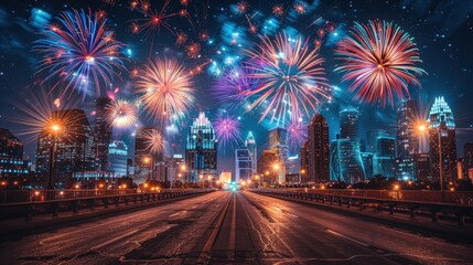 A breathtaking view of a city skyline illuminated by a dazzling fireworks display.