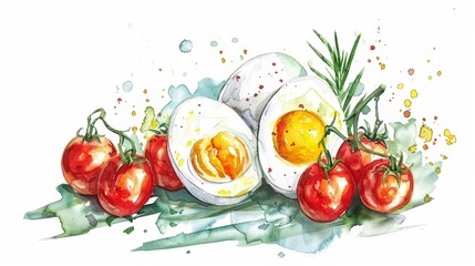 Hard-boiled eggs with cherry tomatoes,Clipart, watercolor illustration, Perfect for nursery art The style is hand  drawn, white background