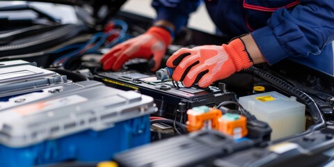 A technician examining a car's battery and electrical system, with emphasis on safety checks and the importance of reliable power sources for vehicle operation