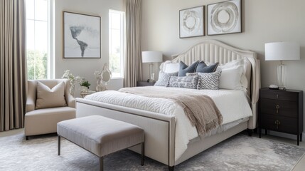 Modern Bedroom Interior with Tufted Bed and White Pillows
