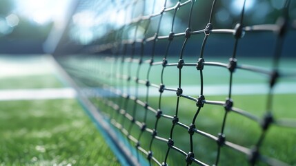 Impeccably maintained tennis court with pristine net in vibrant colors   realistic close up