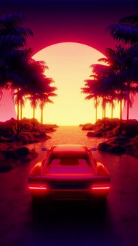 Testarossa, Palm Tree and Sunset, 80's Retrowave Background