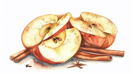 Apple slices with cinnamon,Clipart, watercolor illustration, Perfect for nursery art The style is hand  drawn, white background
