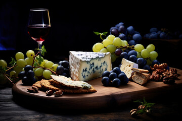 A wooden cutting board topped with cheese, wine and grapes