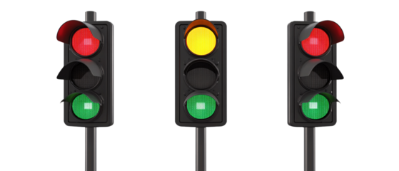 Three Traffic Lights with Red, Yellow, and Green Signals for Driving Safety, and Green Signals for Dri