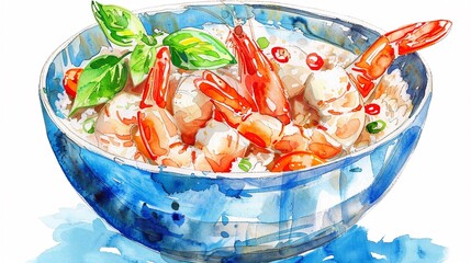 Khao Tom Pad (Thai fried rice porridge) with shrimp and vegetables,Clipart, watercolor illustration, Perfect for nursery art The style is hand  drawn, white background