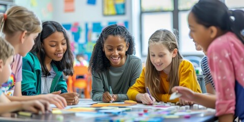 A diverse group of students engaged in a collaborative project in a vibrant international school classroom, showcasing multicultural learning environments