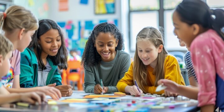 A diverse group of students engaged in a collaborative project in a vibrant international school classroom, showcasing multicultural learning environments