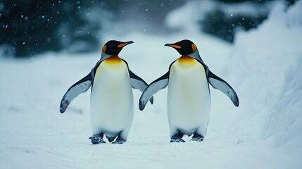 Fototapeta premium Two penguins side by side, their flippers almost touching, as they navigate a snowy wilderness.