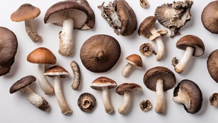 Assorted organic mushrooms such as shiitake oyster and portobello on white background with ample copy space Fresh fungi concept