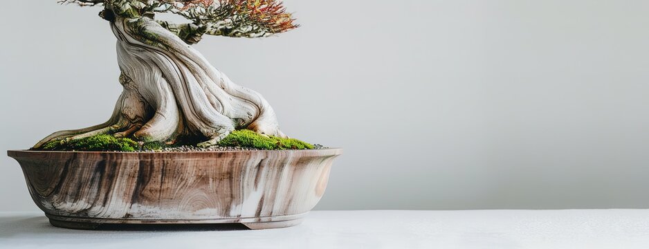 Closeup of a bonsai tree in a ceramic pot with white background.