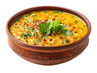 A vibrant bowl of lentil curry topped with fresh herbs, spices, and a hint of chili, perfect for a healthy meal.