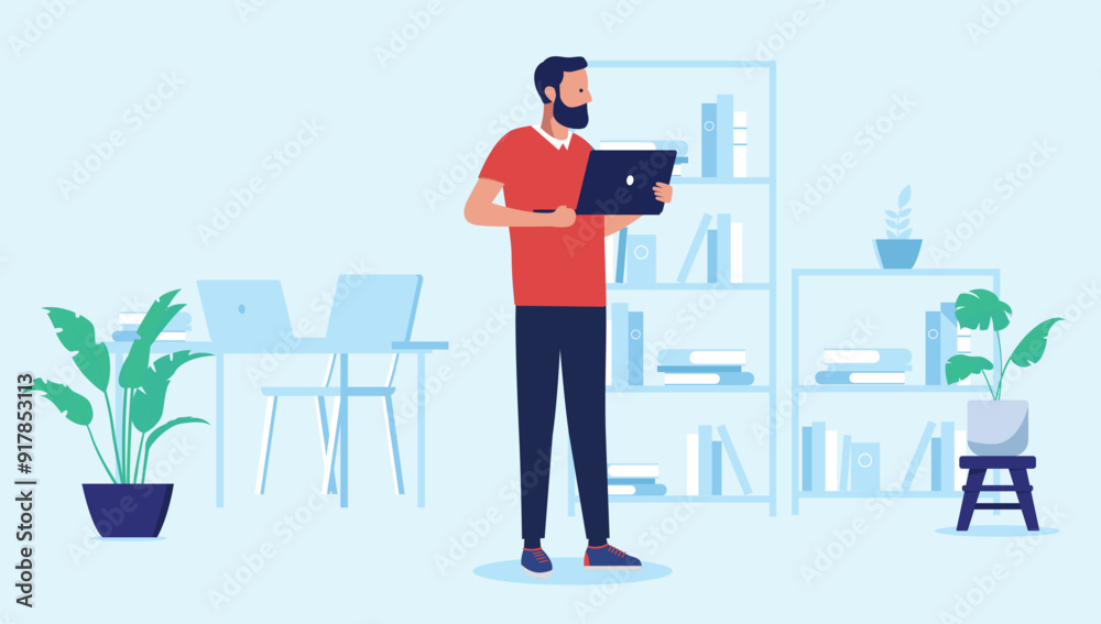 Poster man with laptop at work - developer computer worker standing in office alone holding pc computer in 