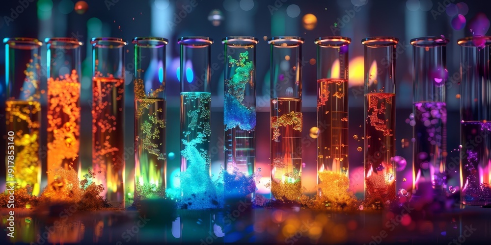 Poster a set of laboratory test tubes with colorful chemical reactions occurring inside, highlighting scien