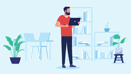 Man with laptop at work - Developer computer worker standing in office alone holding PC computer in hands. Flat design vector illustration