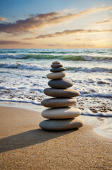 Balance of stones on the beach against the background of the sea