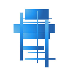 An abstract series of square, rectangular and line shapes, with blue gradients.