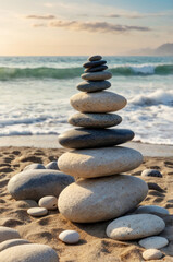Fototapeta premium Balance of stones on the beach against the background of the sea