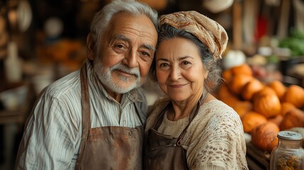 Obraz premium Happy elderly couple in rustic aprons, smiling warmly in a cozy market setting surrounded by fresh produce and a vibrant atmosphere.