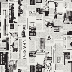 seamless pattern with collage of newspaper or magazine clippings. Vector background in retro style with titles, illustrations and imitation of text. Suitable for wallpaper, wrapping paper