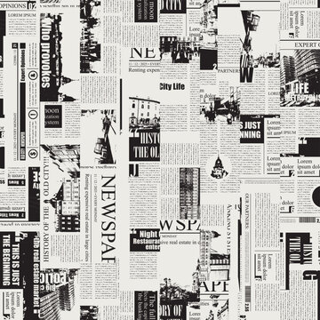 seamless pattern with collage of newspaper or magazine clippings. Vector background in retro style with titles, illustrations and imitation of text. Suitable for wallpaper, wrapping paper