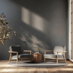 Two chairs are sitting in front of a wall with a plant in the middle
