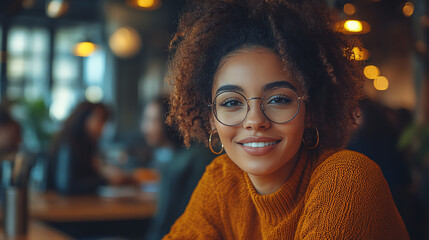 A cheerful young woman with curly hair wearing glasses, enjoying a cozy coffee shop atmosphere.