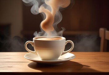 Two cups of coffee sit on a table with a coffee cup in front of them