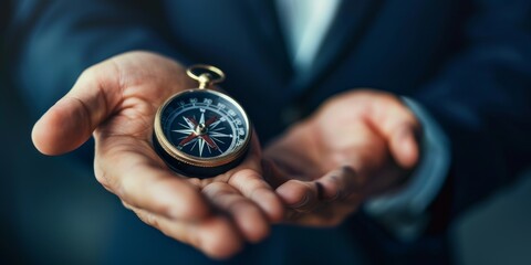A close-up of a leaderG??s hand holding a compass, symbolizing guidance, direction, and leadership in navigating business challenges and strategic decisions