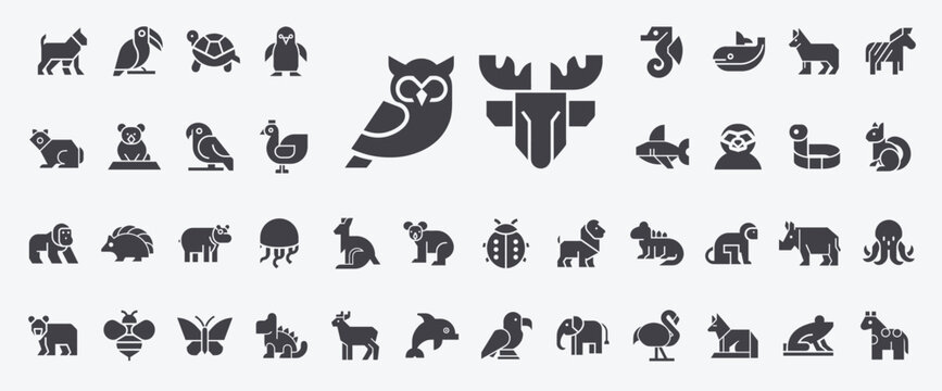 Collection animal glyph icons in simplistic style, Geometric Design Brand Flat