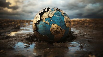 A symbolic image of a broken globe, ominous sky, representing the global impact and widespread devastation of climate change and global warming