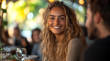 A joyful woman smiling at a dining table, enjoying a lively meal with friends in a warm, inviting atmosphere.