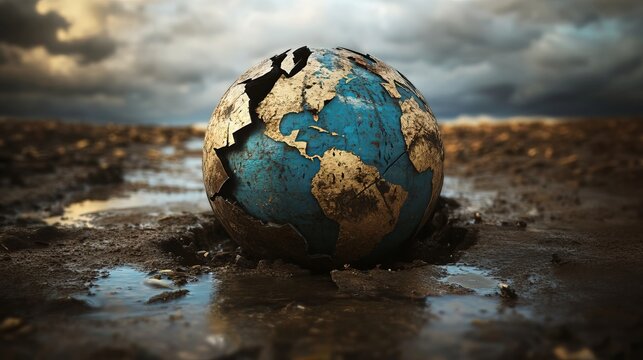 A symbolic image of a broken globe, ominous sky, representing the global impact and widespread devastation of climate change and global warming