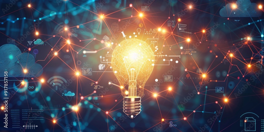 Poster A central light bulb with surrounding AI symbols like neural circuits and cloud computing icons, representing the fusion of innovation and artificial intelligence