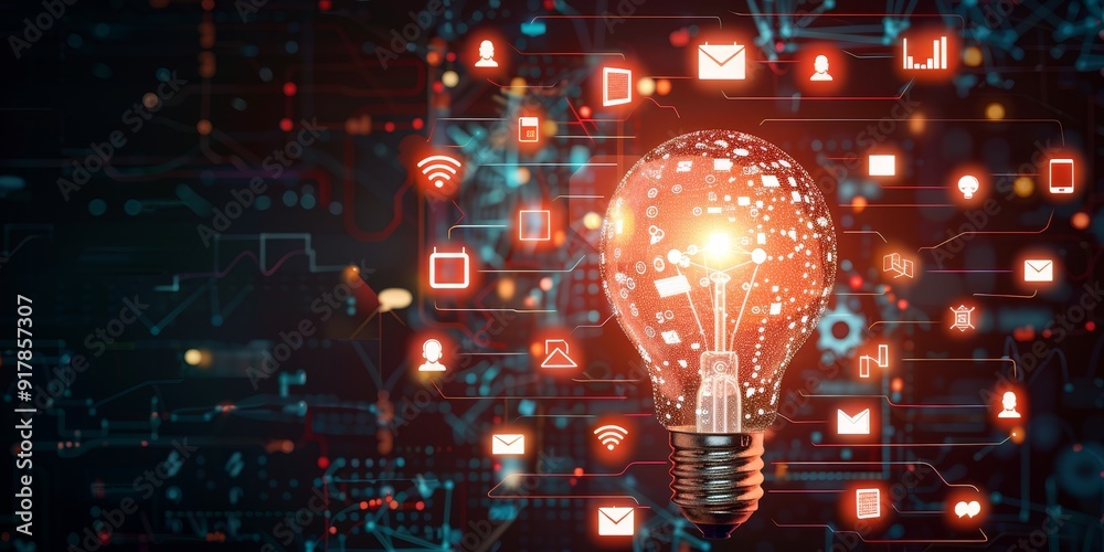 Aufkleber a glowing light bulb encircled by a mix of ai icons, including data analytics and virtual assistants