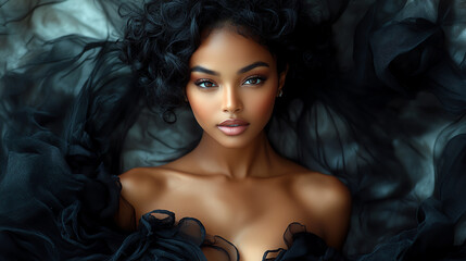 A stunning portrait of a woman surrounded by flowing black fabric, showcasing elegance and beauty in a captivating composition.