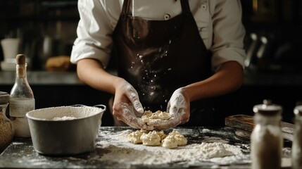Fototapeta premium Baker Dusting Dough with Flour in Kitchen