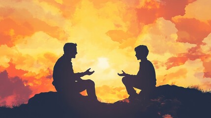 Two Silhouettes Facing Each Other Against a Sunset Sky