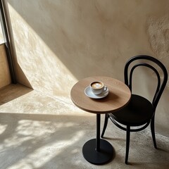 A coffee cup sits on a table in front of a wall