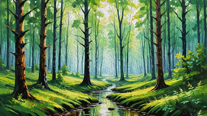 Fototapeta premium Oil painting . Landscape in the forest. Line art. Logo design for use in graphics. T-shirt print, tattoo design. Minimalist illustration for printing on wall decorations.