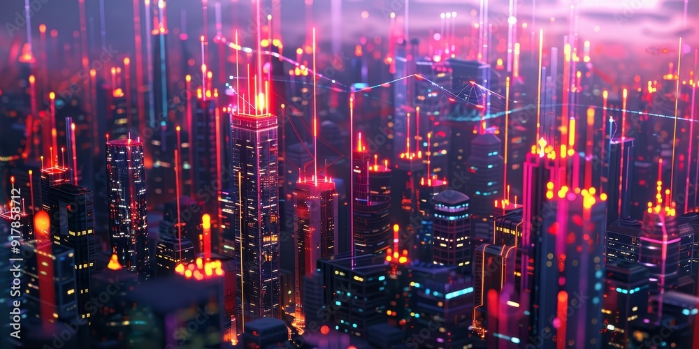 Poster A nighttime cityscape featuring bright buildings interconnected by neon lines, representing the flow of data and communication channels within a modern metropolis