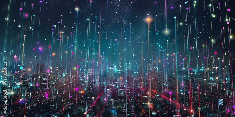 Poster A dark city skyline illuminated by colorful lines connecting buildings, illustrating a high-tech network of data and connectivity across the urban environment