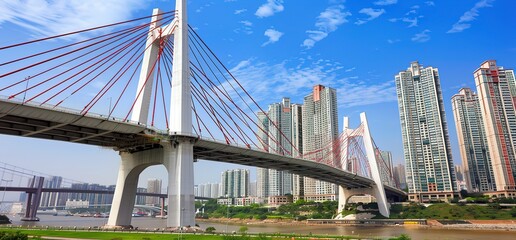 Obraz premium A modern suspension bridge spans a river in a city with tall skyscrapers in the background.