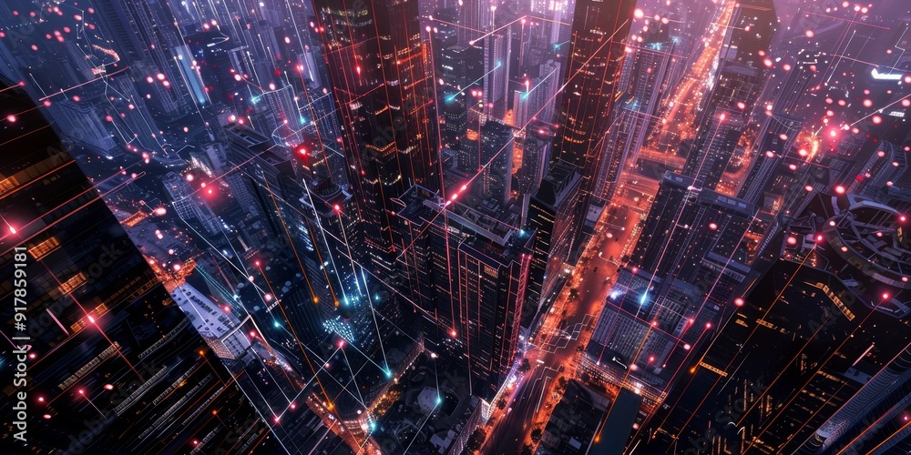Poster night city lights with a network of luminous lines linking skyscrapers, highlighting the intersectio