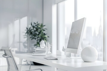 A sleek, minimalist office desk setup featuring a modern computer, white decor, and abundant natural light from large windows.