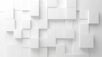 Abstract white backdrop featuring an intricate arrangement of squares, showcasing a harmonious blend of shapes and empty space, ideal for modern design applications.